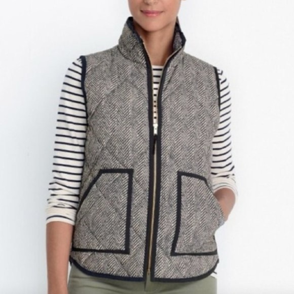 J. Crew Tan and Black Quilted Herringbone Down-Filled Excursion Puffer Vest